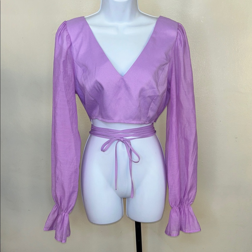 Boohoo Lilac V-Neck Long Sleeve Wrap Crop Top